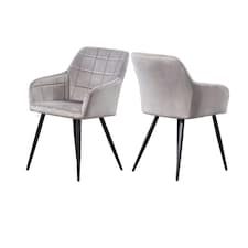 Set of 2 Camden Modern Velvet Dining Chairs with Armrests, Quilted Design & Black Metal Legs Grey | Light Grey