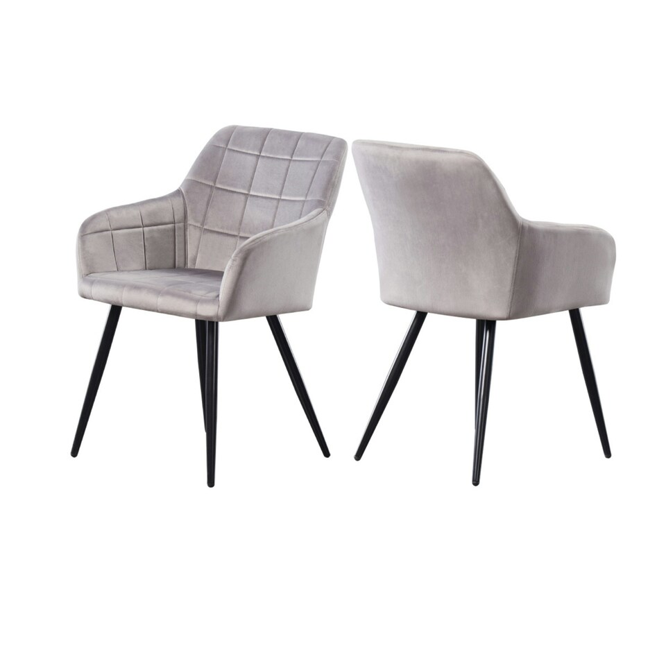 image 1 of Set of 2 Camden Modern Velvet Dining Chairs with Armrests, Quilted Design & Black Metal Legs Grey | Light Grey