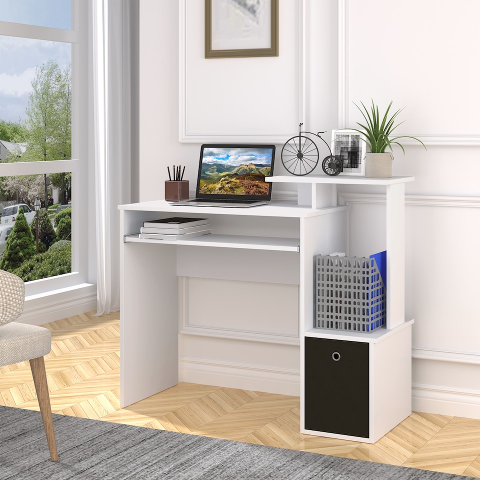 image 1 of HOMCOM Computer Desk with Sliding Keyboard Tray Storage Drawer Shelf White