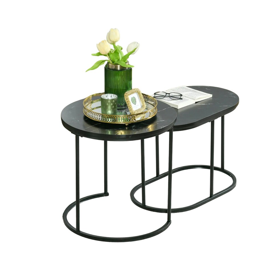 image 1 of 2PC Nesting Tables With Faux Marble Tabletop Black Black