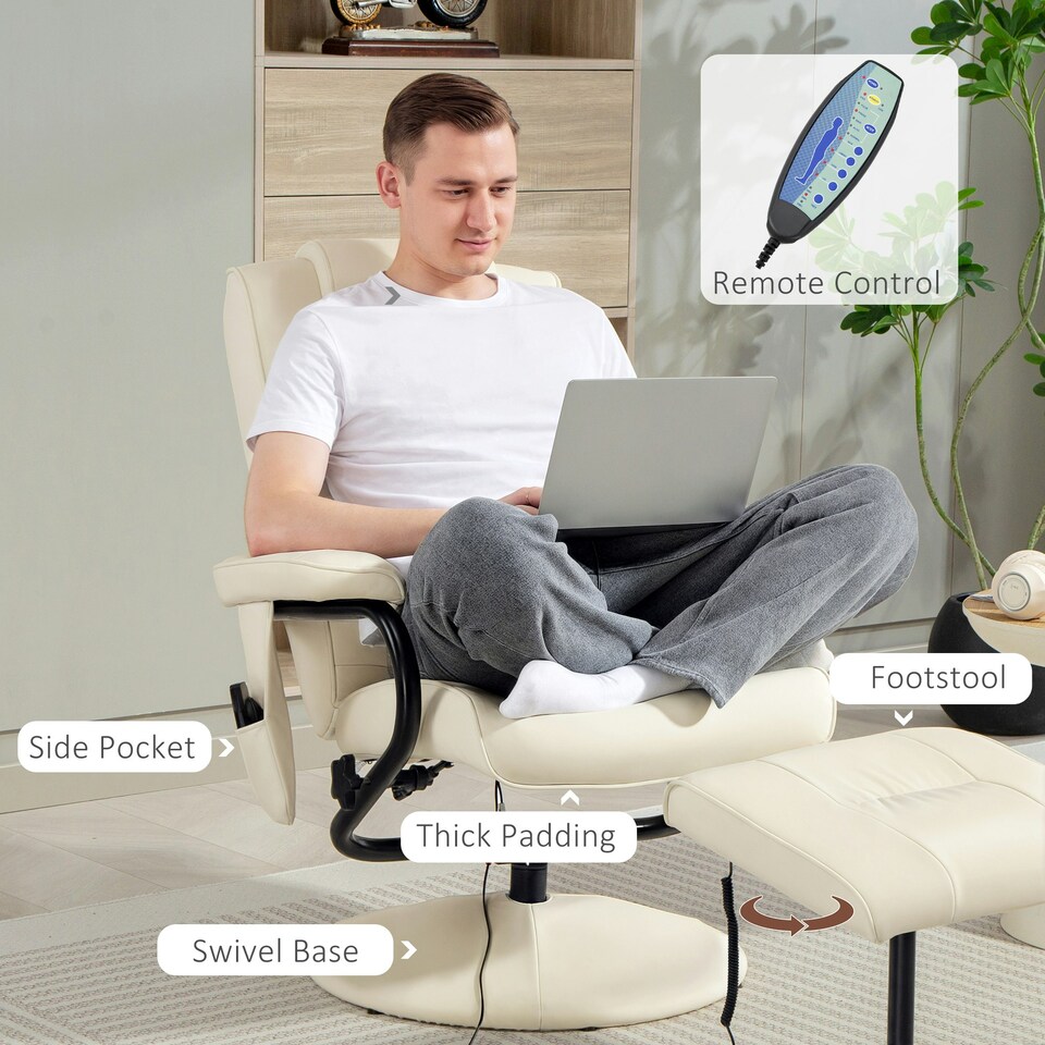 image 1 of HOMCOM Massage Recliner Chair Cushioned Ottoman 10 Point Vibration Cream | Cream | White | One Size