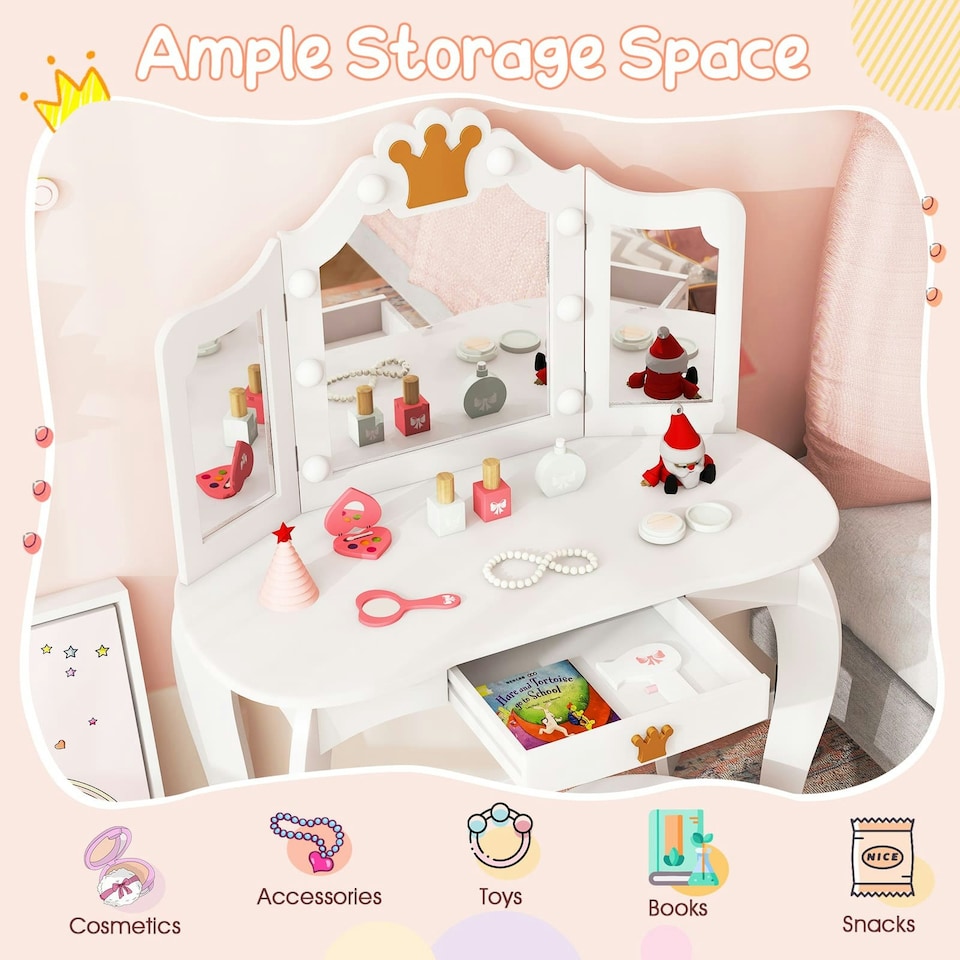 image 1 of COSTWAY Kids Vanity Princess Vanity Table & Chair Set White