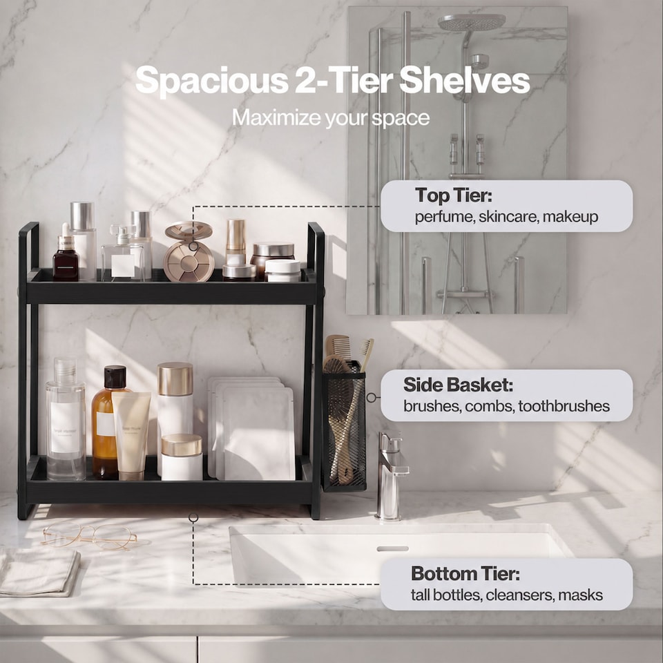 image 1 of Levede Bathroom Organiser Countertop 2 Tier Perfume Skincare Storage Shelf Black