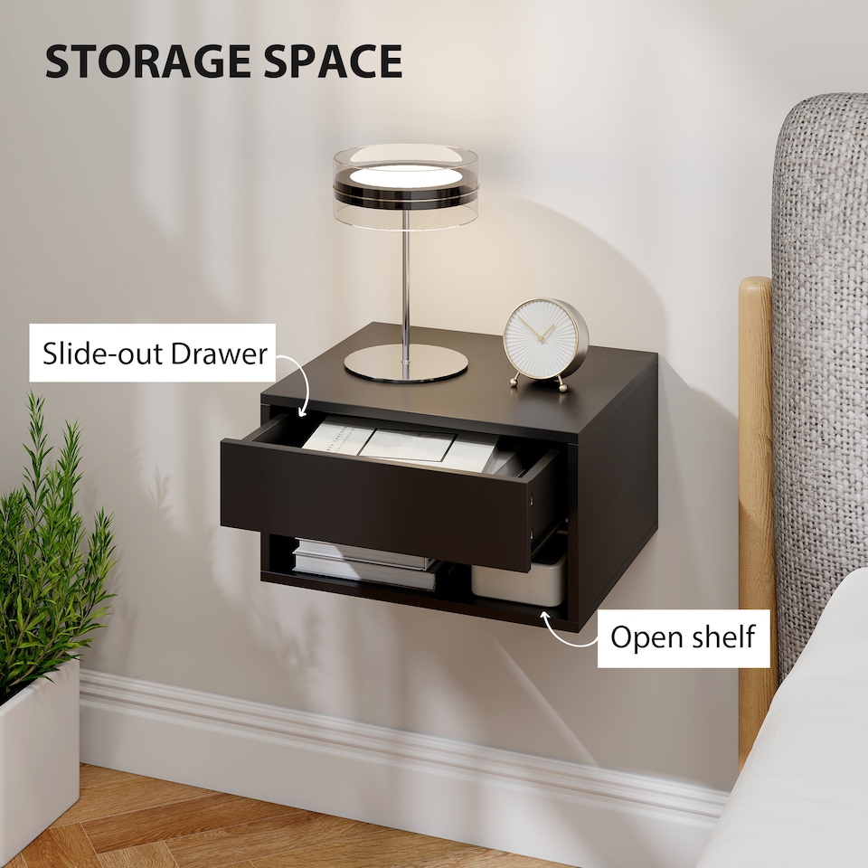 image 1 of HOMCOM Floating Nightstands Set of 2, Bedside Table w/ Drawer and Open Shelf