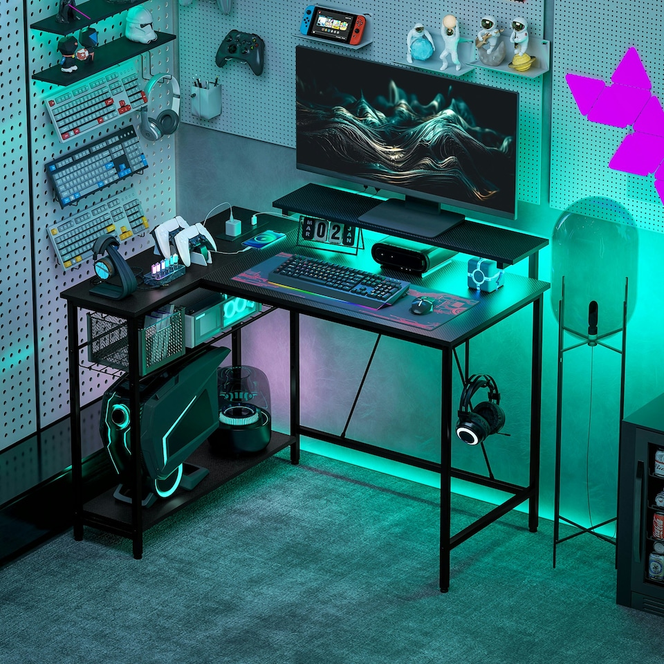 image 1 of HOMCOM L Shaped Desk with LED Lights Reversible Corner Gaming Desk with Storage