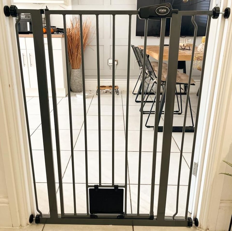 image 1 of Bettacare Pet Gate with Lockable Cat Flap, 126.7cm - 134.3cm, Slate Grey, 104cm in Height | Grey