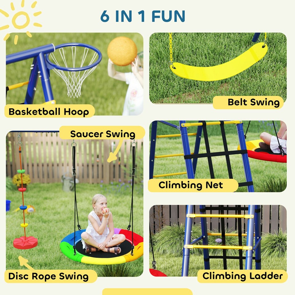 image 1 of AIYAPLAY 6 in 1 Kids Swing Set with 3 Swings, Climbing Net and Ladder
