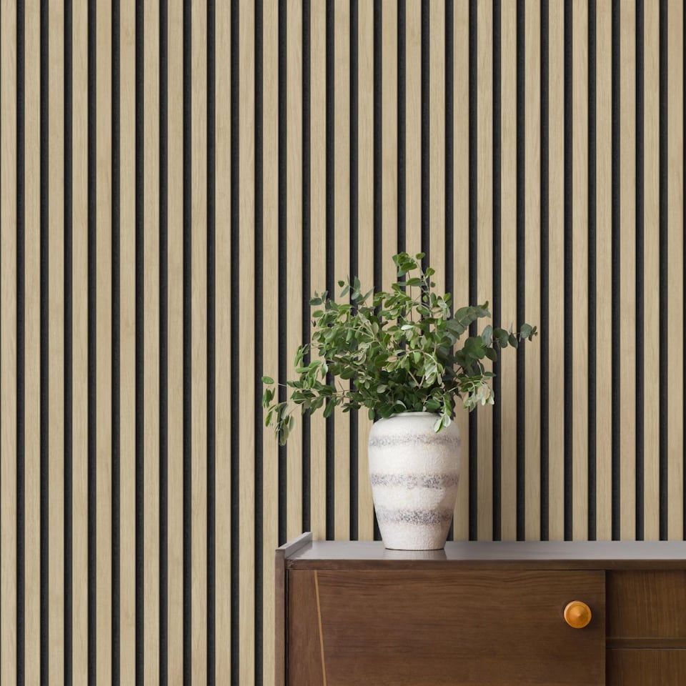 image 1 of Natural Wood Slat Wallpaper Acoustic Wood Panel Effect Oak Modern Feature Wall