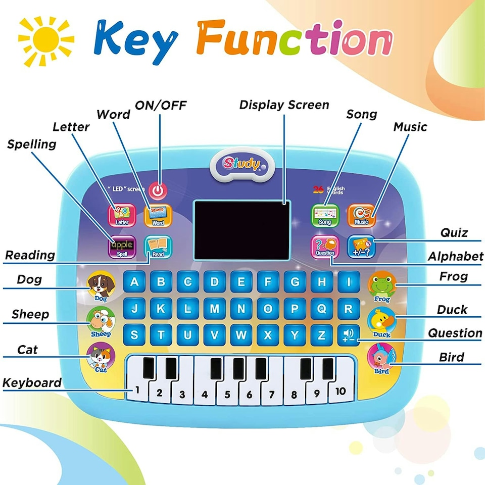 image 1 of Toddler Learning Tablet – Multi-Function Educational Musical Touch Pad with LED Screen, Piano, Animal Sounds, Numbers, Letters, and Quiz Modes for Kids (blue)