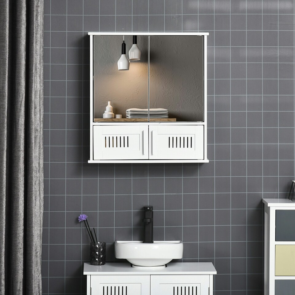 image 1 of kleankin Bathroom Mirror Cabinet Wall Mount Double Doors, White