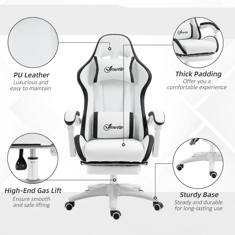 image 1 of Vinsetto Computer Gaming Chair, PU Leather Office Desk Chair with Footrest, Swivel Wheels, 135 Reclining Back, Lumbar Support, Headrest for Home, White and Black