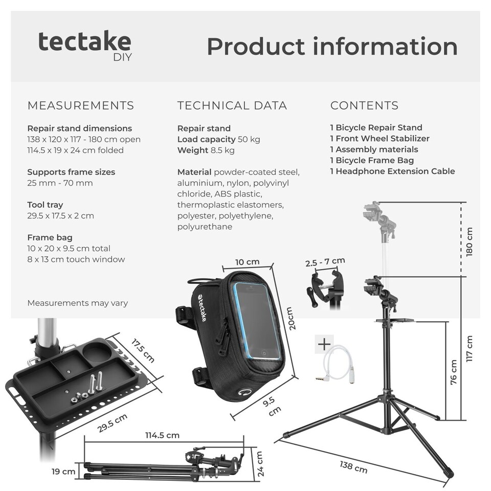 image 1 of Bicycle Repair Stand and Frame Bag Set is Folding, Lightweight and Durable | Black | black | 138 x 120 x 180 cm | 1