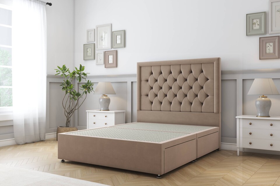 image 1 of Sloomy Montana Mink Plush Divan Bed Base 2 Drawers Foot-End With 54 Inch Floor Standing Headboard | Brown | Mink | King | 1