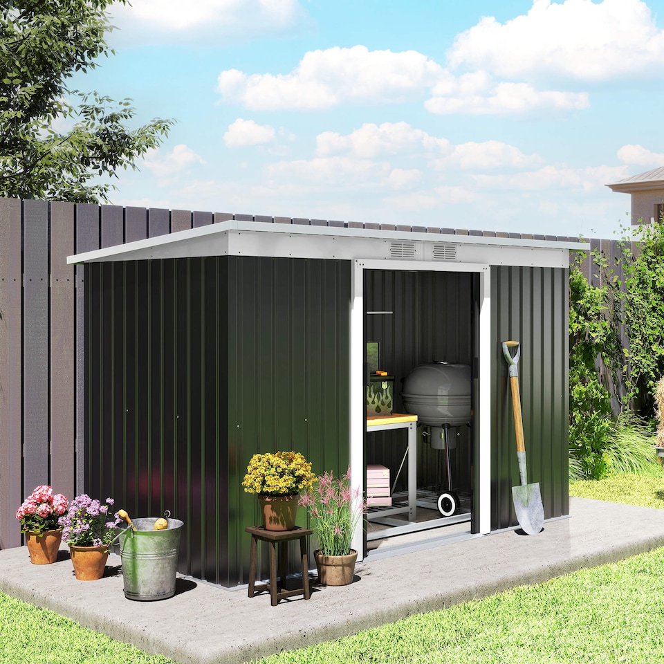 image 1 of Outsunny 9ft x 4ft Metal Garden Shed, Outdoor Tool House with Foundation Kit, Ventilations and Double Doors, Dark Grey