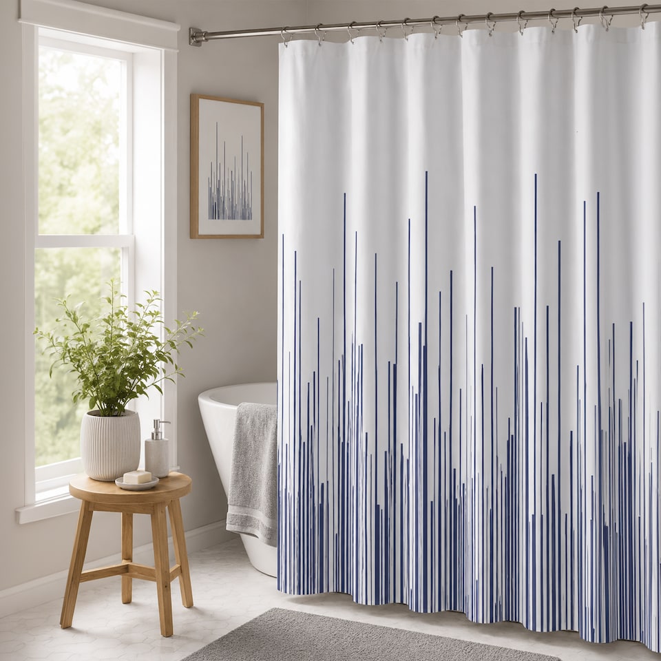 image 1 of Showerdrape City White & Navy Shower Curtain | Grey | Navy | 1