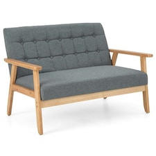 COSTWAY Wooden 2-Seater Loveseat Upholstered Lounge Chair Grey