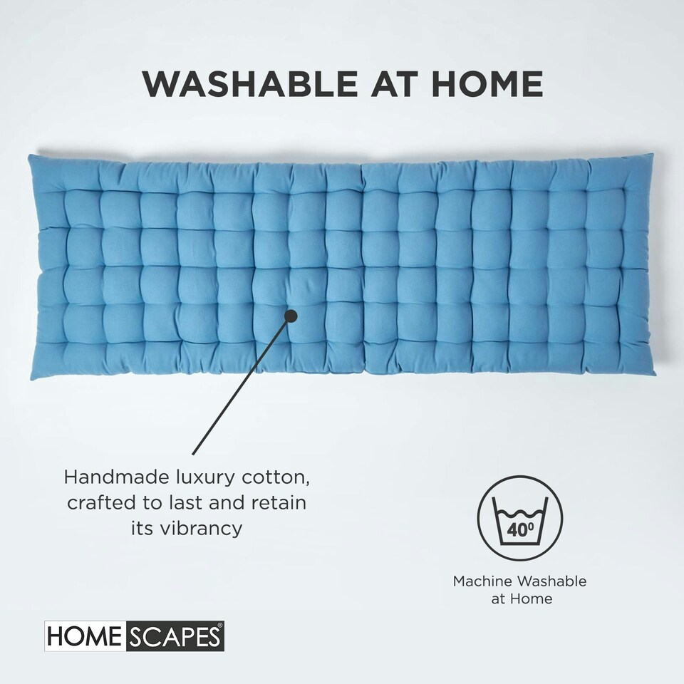 image 1 of Homescapes Garden Bench Cushion Luxury 2 Seater 100% Cotton Indoor Outdoor Seat Pad Blue | 108 x 42 cm