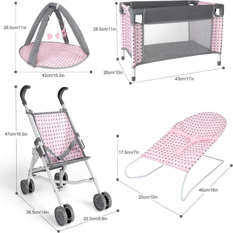 image 1 of 5-in-1 Baby Doll Accessories Play Set – Pink Stroller, Cot, Play Mat, Bouncer & Travel Bags Fits 12"–14" Dolls (Doll Not Included)