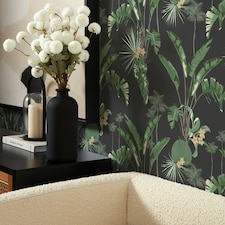 Tropical Paradise Wallpaper in Green on Charcoal Multi