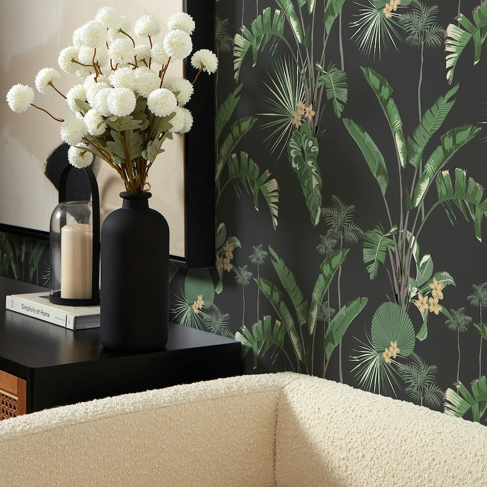 image 1 of Tropical Paradise Wallpaper in Green on Charcoal Multi