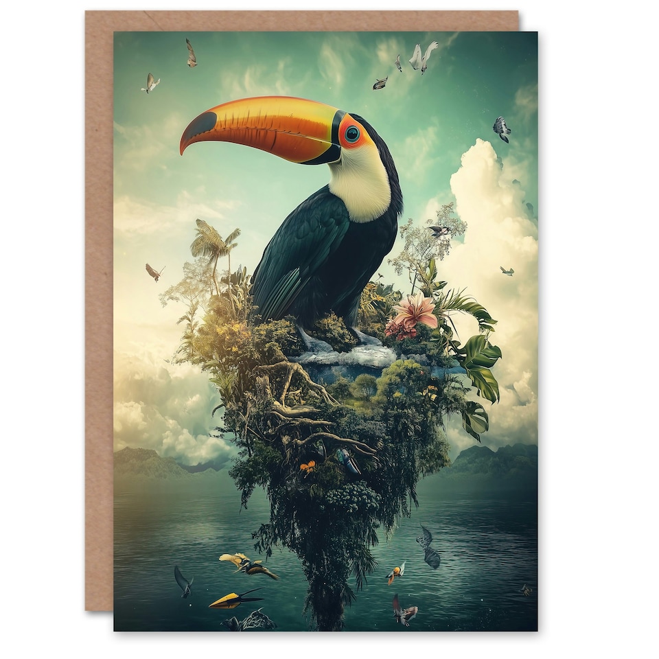 image 1 of Surreal Fantasy Toucan Bird Nature Retreat Birthday Greeting Card