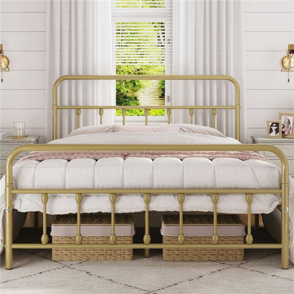 image 1 of Yaheetech Full Classic Iron Platform Bed with High Headboard and Footboard Antique Gold