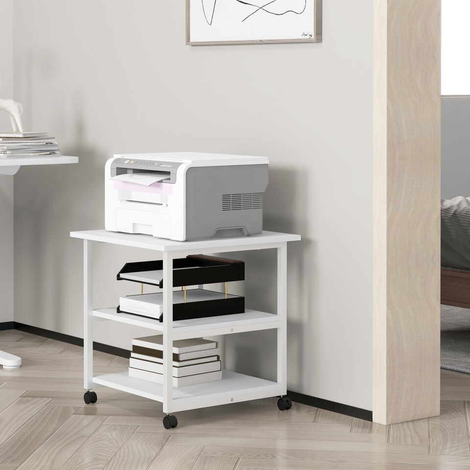 image 1 of HOMCOM 3-Tier Printer Stand with Storage Shelf, Mobile Printer Table on Wheels, 50 x 50 x 52.5cm Rolling Printer Cart for Home Office, White