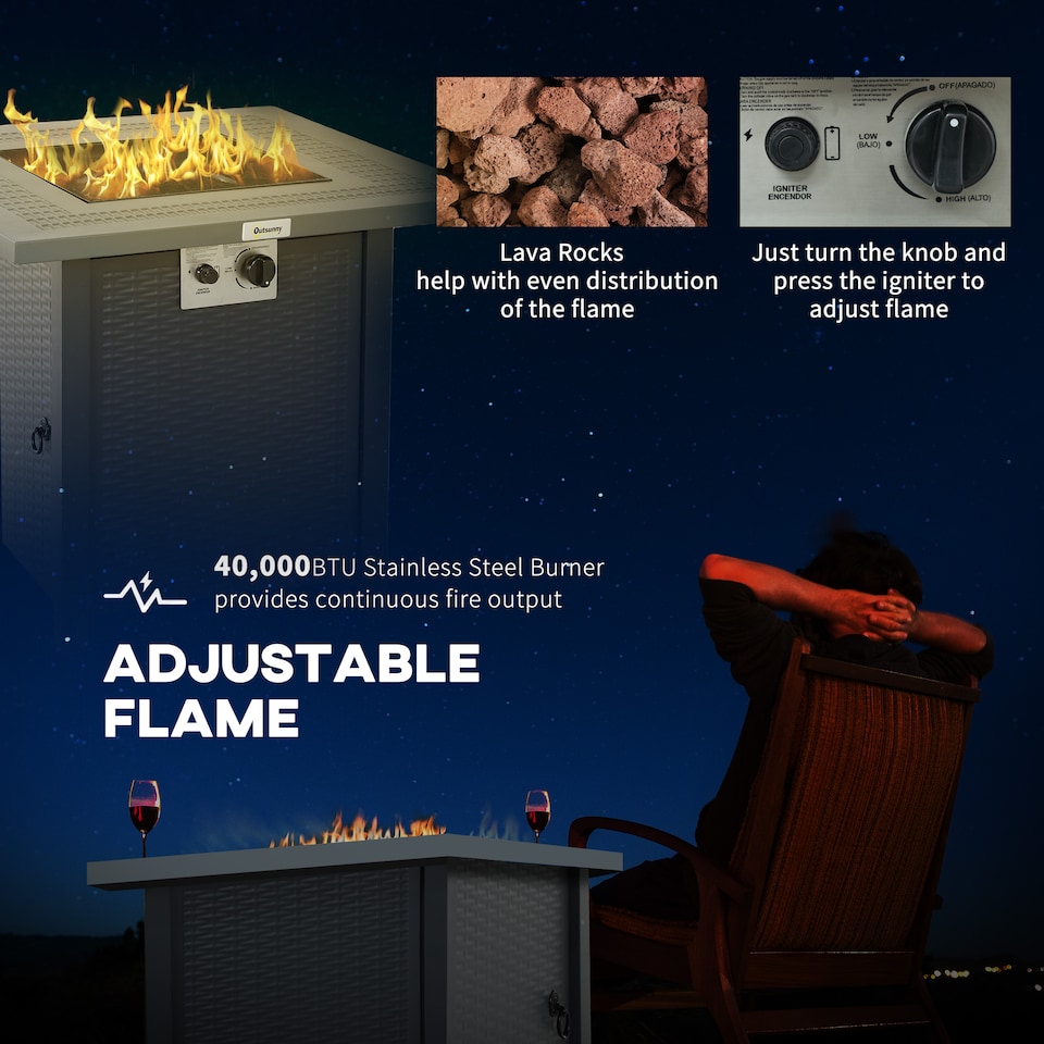 image 1 of Outsunny Outdoor Square Fire Pit Table w/ Lid and Lava Rocks Dark Grey