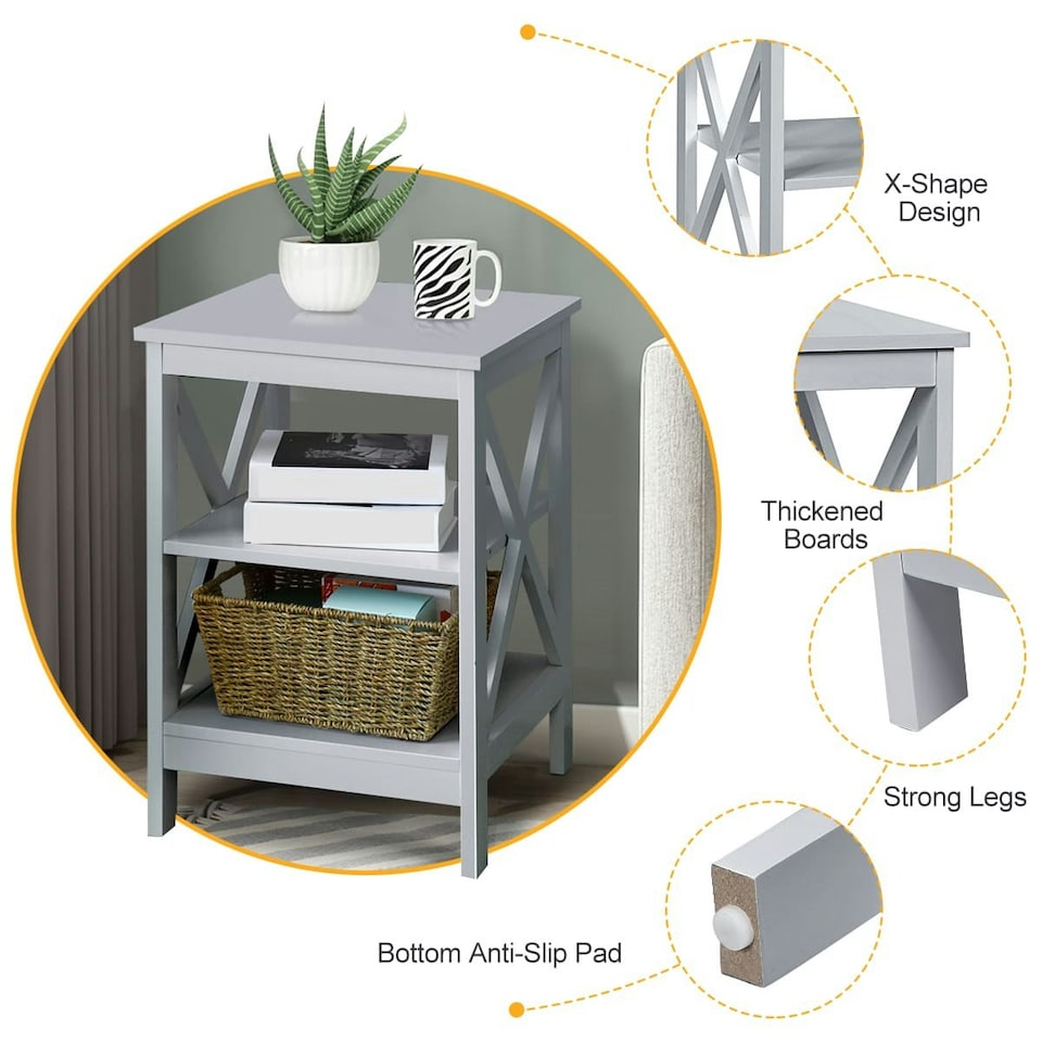 image 1 of COSTWAY 3-Tier Nightstand Side Table X-Design End Table Grey