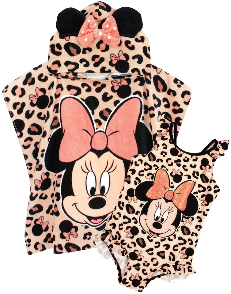 image 1 of Disney Minnie Mouse Girl's Swimsuit & One Size Hooded Towel Poncho Set | Kids Swimming Costume | Children's Bath Towel with 3D Ears Gift Pink