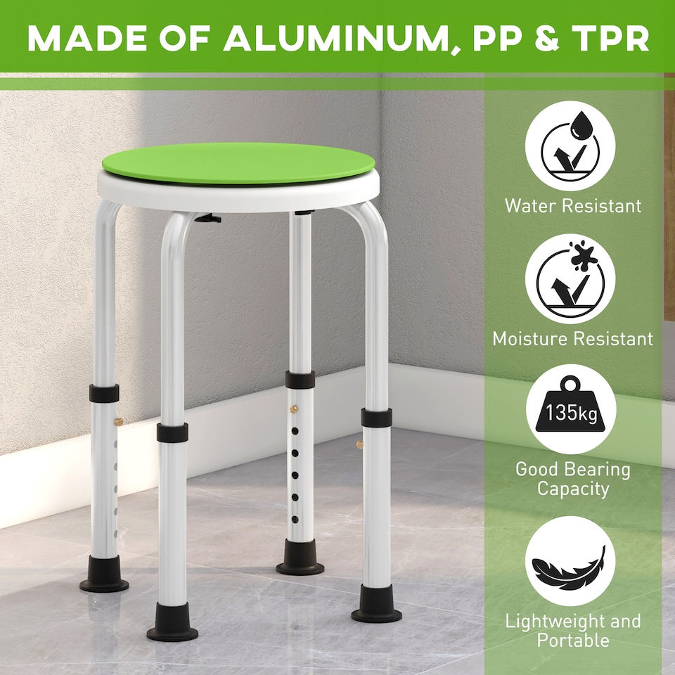 image 1 of HOMCOM 360 Swivel Seat Bath Shower Stool, Adjustable Height Shower Chair with Aluminium Frame Non-Slip Feet Chair Safe Support Home Assistance, Green