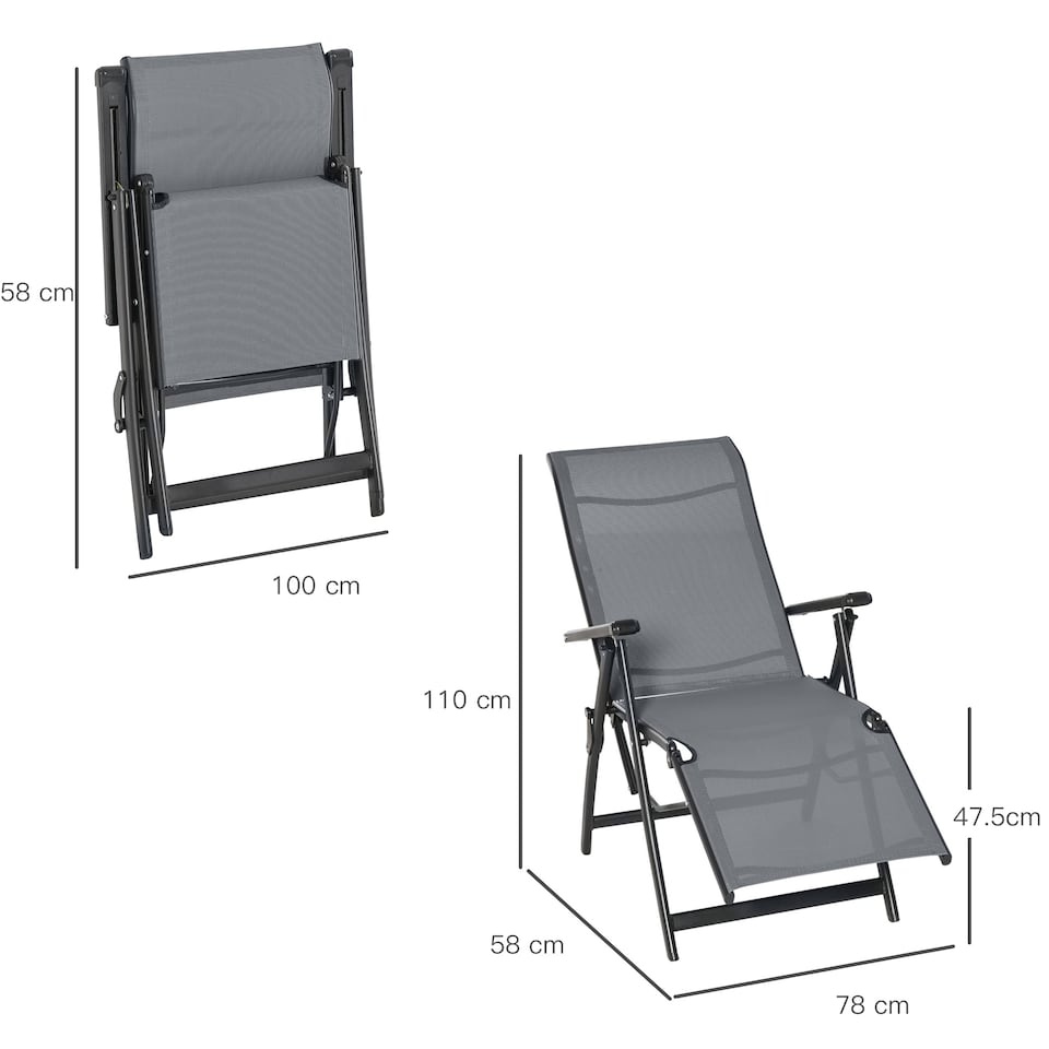 image 1 of Outdoor Reclining Garden Chair Set of 2, 10-Position Adjustable Folding Sun Lounger Zero Gravity Chairs with Texteline Seat, Armrests and Footrest for Patio, Grey