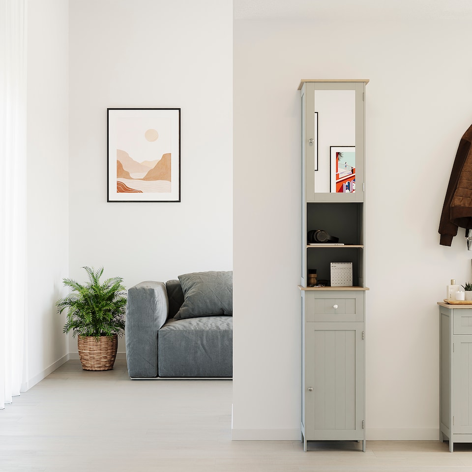 image 1 of Bath Vida Priano 2 Door Tall Bathroom Cabinet With Mirror, Grey & Oak