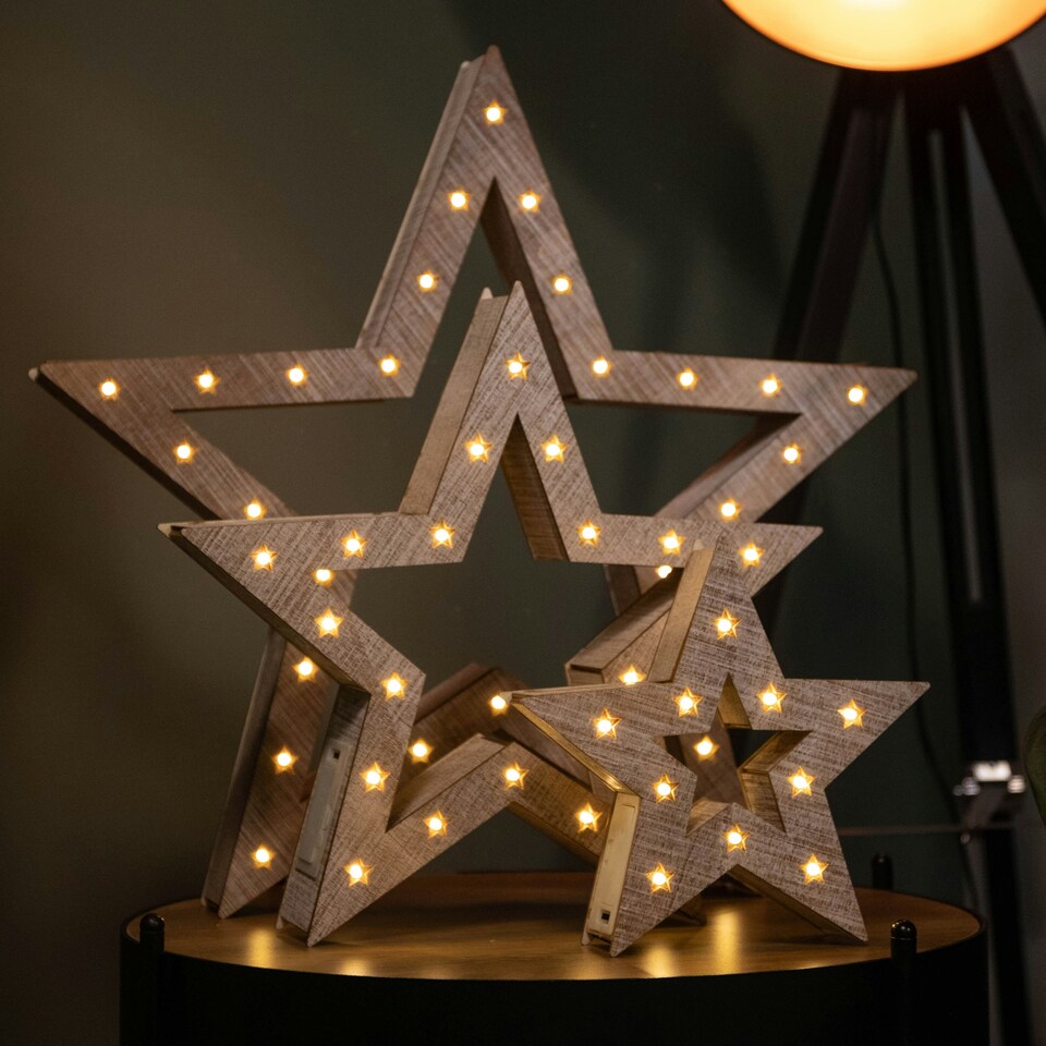 image 1 of Set of 3 Battery Operated Light up Wooden Christmas Stars with Warm White LEDs