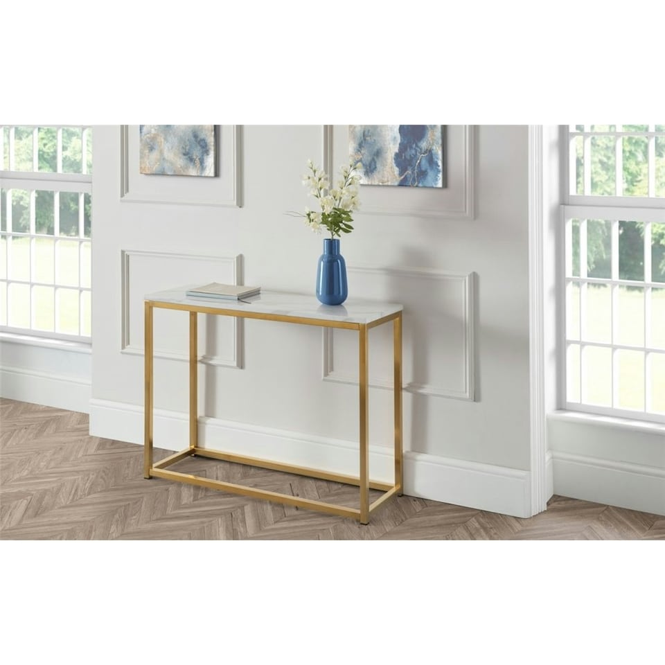 image 1 of White Marble Top Console Table with Gold Framing White