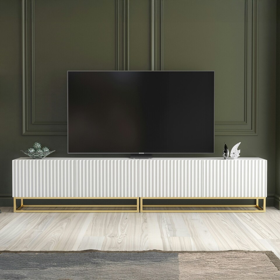 image 1 of Modular TV Unit 200cm White Matt with Fluted Fronts and Gold Base White