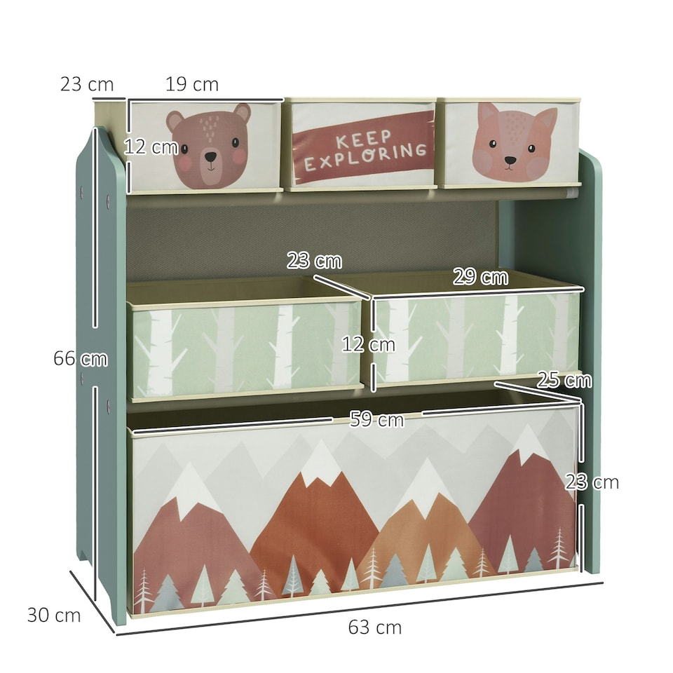 image 1 of ZONEKIZ Kids Storage Unit, Childrens Toy Storage Organiser, with 6 Fabric Bins | Green | 63 x 30 x 66 cm
