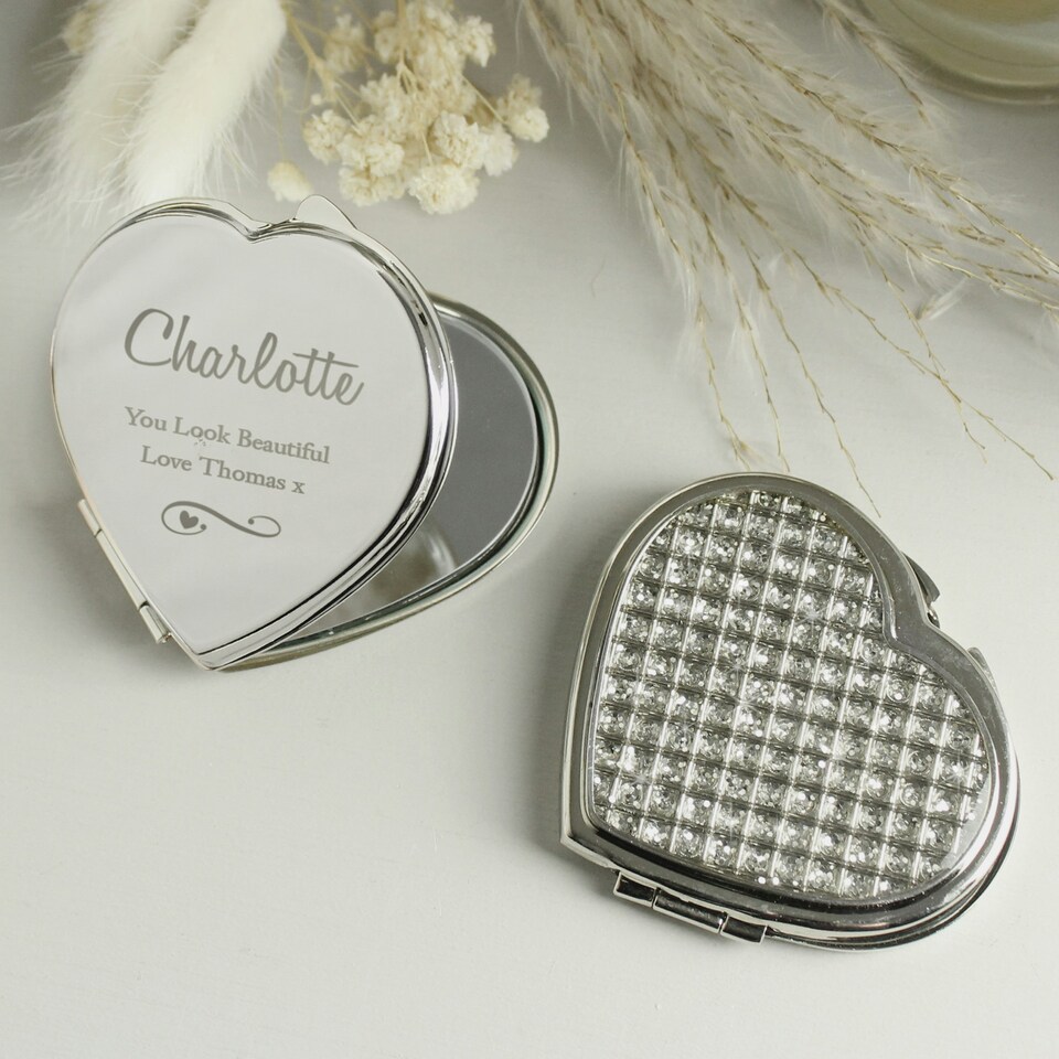 image 1 of Personalised Swirls & Hearts Diamante Heart Compact Mirror Silver