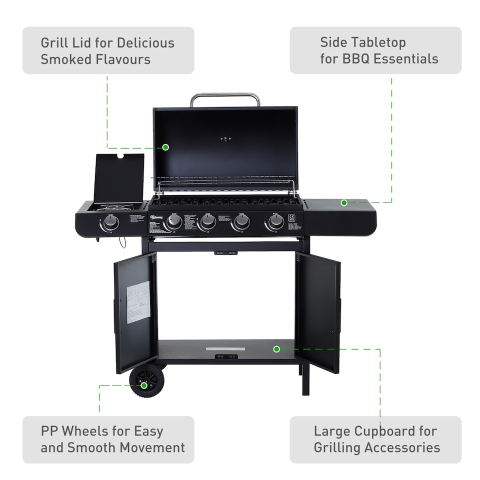 image 1 of Outsunny Gas BBQ Grill 4 + 1 Stainless Steel Burner Garden Barbecue Cooker | Black | Black | One Size