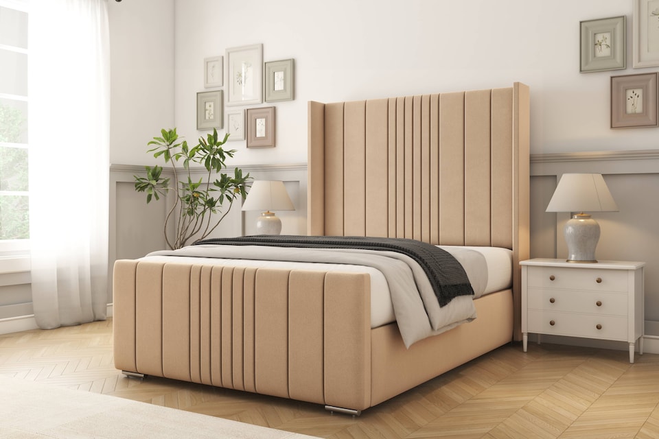image 1 of Sloomy Hargrave Pebble Plush Bed Frame With 50"  Upholstered Wingback Headboard 2'6 Small Single