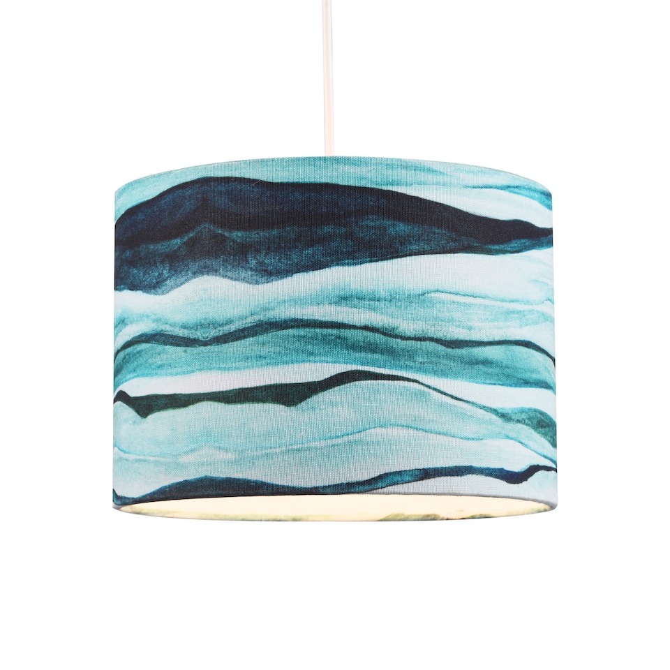 image 1 of Sea Waves Drum Lamp Shade in Teal Duck Egg and Navy Blue - 25cm Linen Fabric | Blue