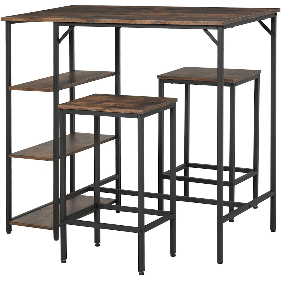 image 1 of HOMCOM Industrial Bar Height Dining Table Set With 2 Stools & Side Shelf, 3 Pieces Coffee Table for Dining Room, Kitchen, Dinette