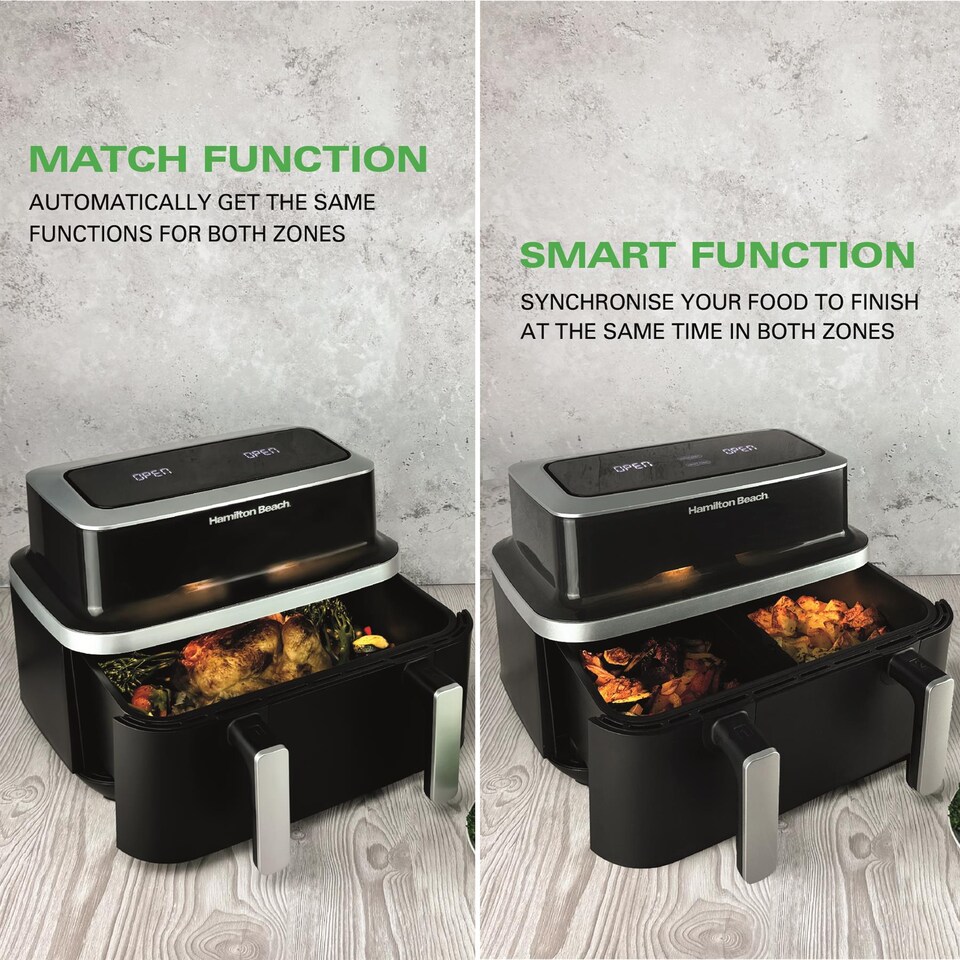 image 1 of Hamilton Beach Air Fryer, 9L, Dual, VisionCook, 2600W, Vision Window, 10 One Touch Presets, Vortex Technology, Match Cook, Smart Finish, Dishwasher Safe, Roast, Bake, Dehydrate, Black - HB700VCGS