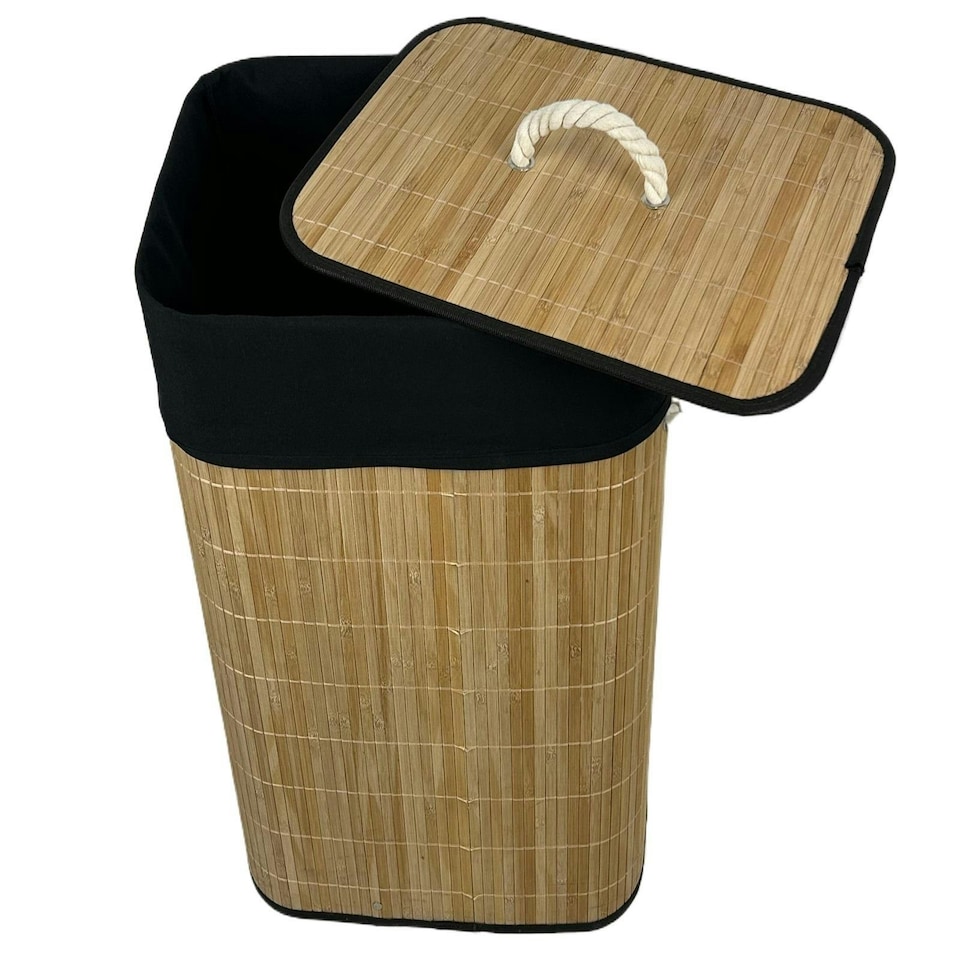 image 1 of Bamboo Laundry Basket with Lid Liner 72L Folding Washing Clothes Bin Hamper Bag Brown