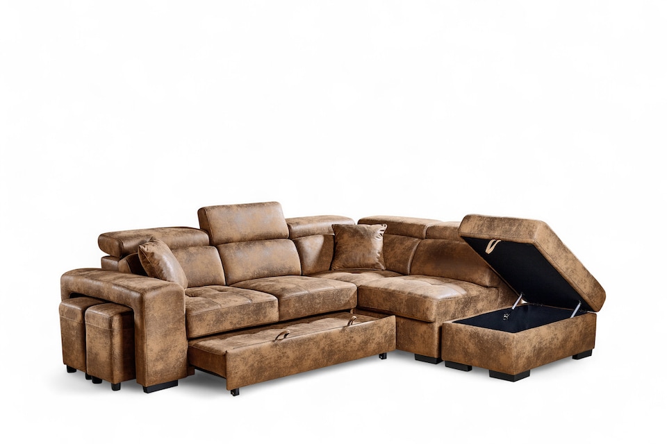 image 1 of Faux Leather Suede Brown 2C1 Corner Sofabed with Storage and Ottomans AMELIA