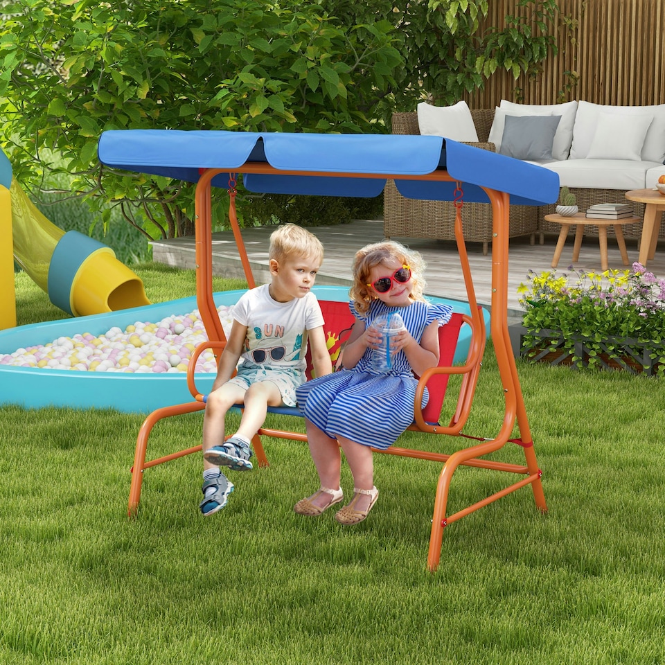 image 1 of Outsunny 2 Seater Kids Swing Chair, Cowboy Themed with Adjustable Canopy