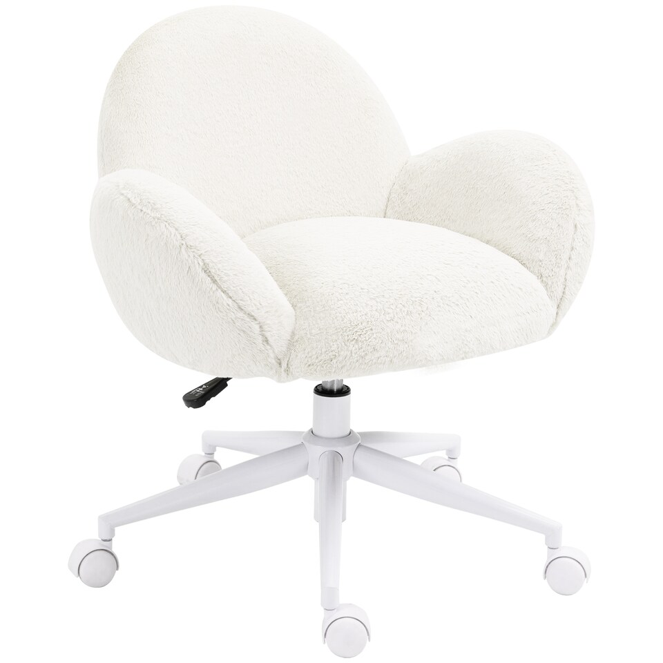 image 1 of HOMCOM Fluffy Leisure Chair Office Chair with Backrest and Armrest for Home Bedroom Living Room with Wheels Cream White