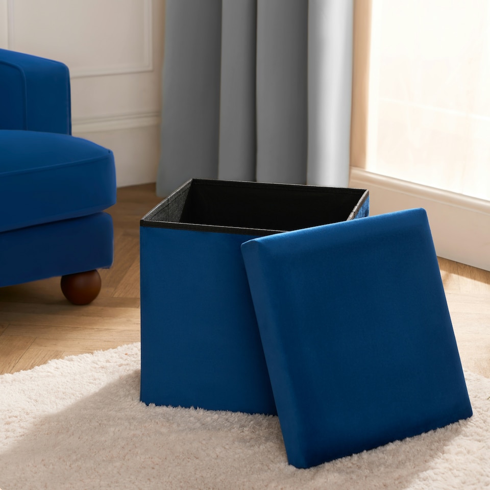 image 1 of OHS Matte Velvet Soft Foldable Cube Footstool Seat Storage Organiser Ottoman Blue | Teal