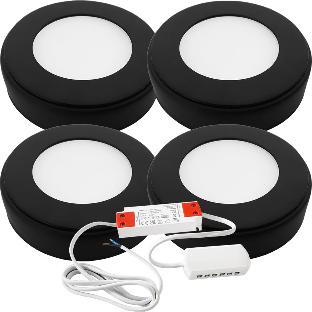 Loops 4x MATT BLACK Round Surface or Flush Under Cabinet Kitchen Light & Driver Kit - Natural White LED