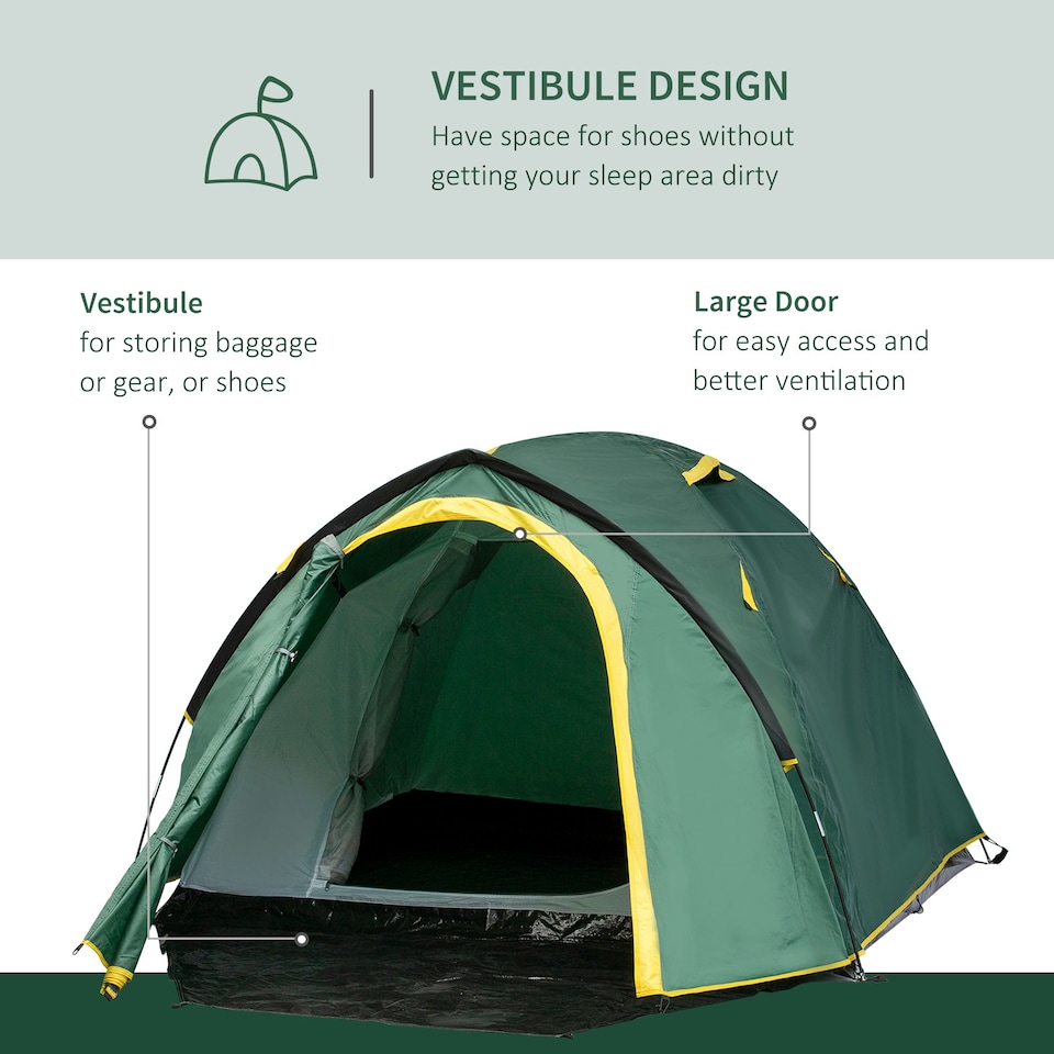 image 1 of Outsunny Compact Camping Tent w/ Vestibule & Mesh Vents for Hiking Green